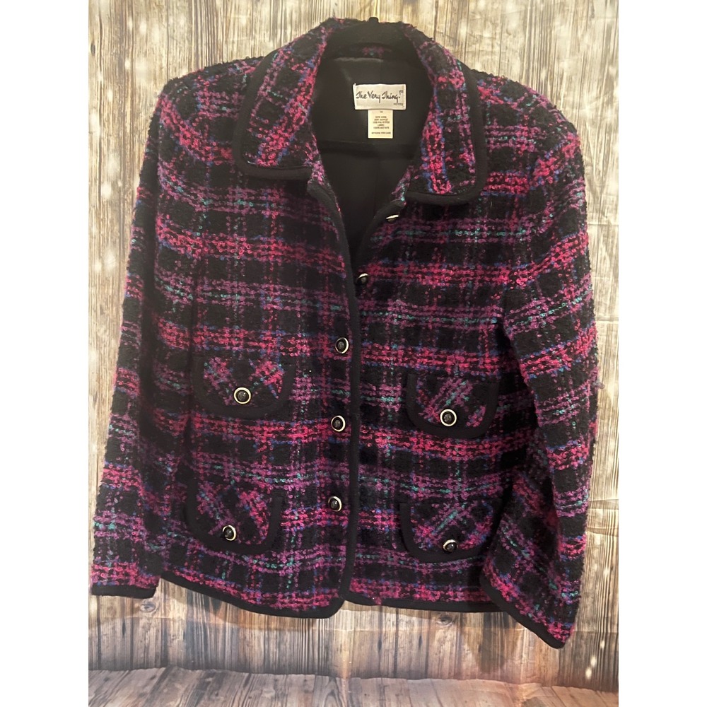 The Very Thing! Blazer Women 16P Black Pink Plaid Excellent Wool Blend Tweed